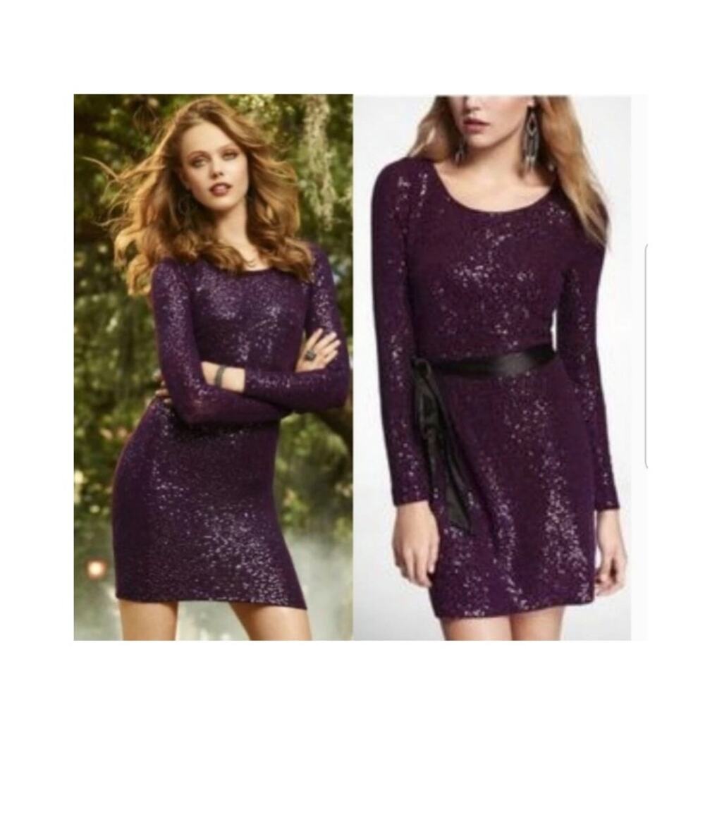 Express Sequin Mini Dress Size L Purple Long Sleeve
